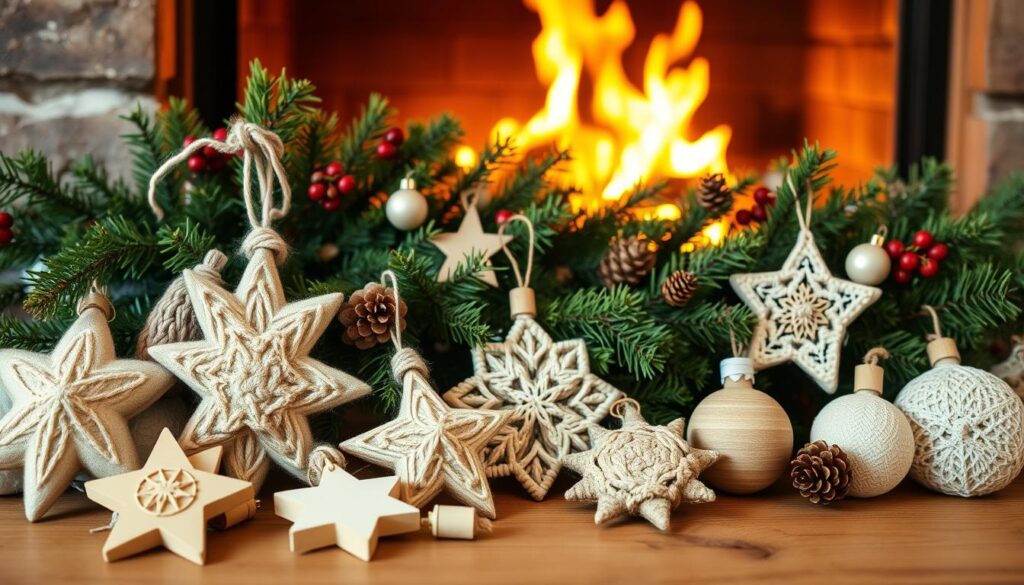 A cozy, rustic scene of handmade Nordic-style Christmas ornaments. In the foreground, a group of various wooden, knitted, and woven ornaments - stars, hearts, and geometric shapes in natural tones of white, beige, and soft greens. In the middle ground, a garland of fresh evergreen boughs, pinecones, and red berries draped across a wooden mantel. Soft, warm lighting from a crackling fireplace in the background casts a golden glow over the scene. The overall atmosphere is one of simple, hygge-inspired holiday charm. A cozy, rustic scene of handmade Nordic-style Christmas ornaments. In the foreground, a group of various wooden, knitted, and woven ornaments - stars, hearts, and geometric shapes in natural tones of white, beige, and soft greens. In the middle ground, a garland of fresh evergreen boughs, pinecones, and red berries draped across a wooden mantel. Soft, warm lighting from a crackling fireplace in the background casts a golden glow over the scene. The overall atmosphere is one of simple, hygge-inspired holiday charm.