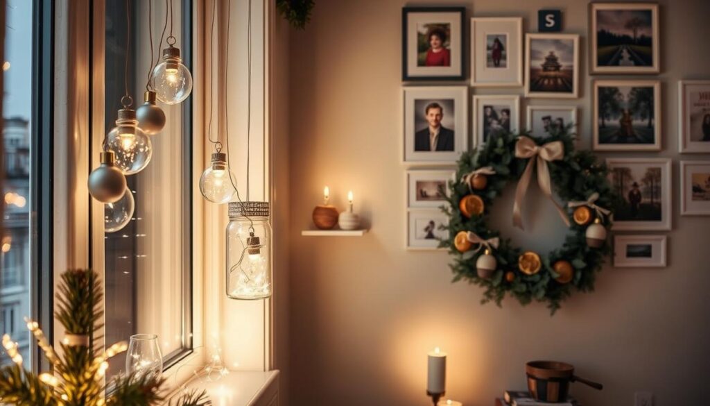 A cozy small apartment, adorned with a variety of creative holiday decor ideas. In the foreground, a minimalist Christmas tree made from suspended ornaments casts a warm glow. On the windowsill, a cluster of repurposed glass jars hold twinkling fairy lights. The middle ground features a wreath fashioned from dried citrus slices, eucalyptus, and ribbons. In the background, a gallery wall showcases an eclectic mix of holiday-themed artwork and photographs. The overall scene conveys a sense of festive cheer and elegant simplicity, perfectly suited for a small living space. Soft, diffused lighting illuminates the space, creating a tranquil, inviting atmosphere. A cozy small apartment, adorned with a variety of creative holiday decor ideas. In the foreground, a minimalist Christmas tree made from suspended ornaments casts a warm glow. On the windowsill, a cluster of repurposed glass jars hold twinkling fairy lights. The middle ground features a wreath fashioned from dried citrus slices, eucalyptus, and ribbons. In the background, a gallery wall showcases an eclectic mix of holiday-themed artwork and photographs. The overall scene conveys a sense of festive cheer and elegant simplicity, perfectly suited for a small living space. Soft, diffused lighting illuminates the space, creating a tranquil, inviting atmosphere.