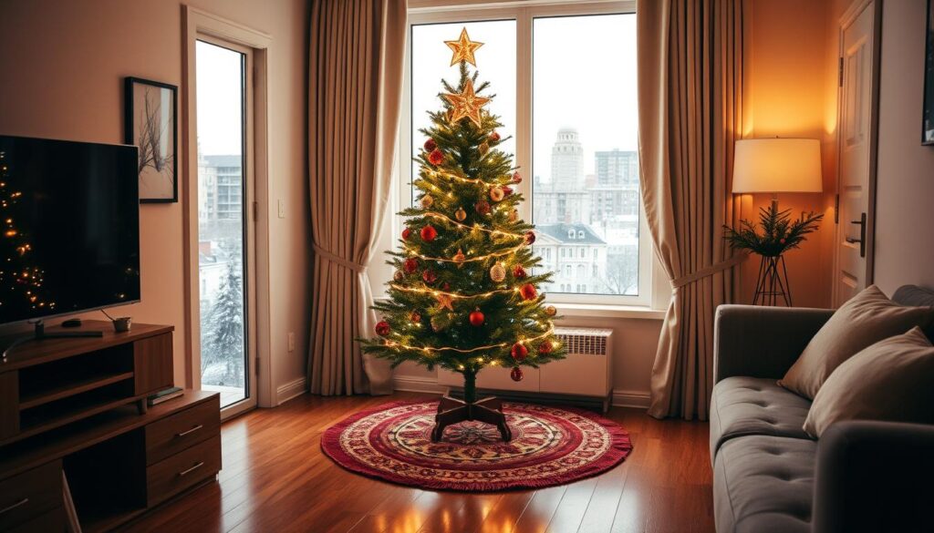 A cozy small apartment with a charming, space-saving Christmas tree. The tree is placed on a decorative base, surrounded by a festive tree skirt. The room is bathed in warm, soft lighting, creating a inviting, holiday atmosphere. The walls feature minimalist, modern decor, allowing the tree to be the focal point. Carefully arranged ornaments and twinkling lights adorn the tree, reflecting off the polished wooden floors. Through the window, a snowy cityscape can be seen, hinting at the winter wonderland outside. The overall scene conveys a sense of festive cheer and clever space utilization.