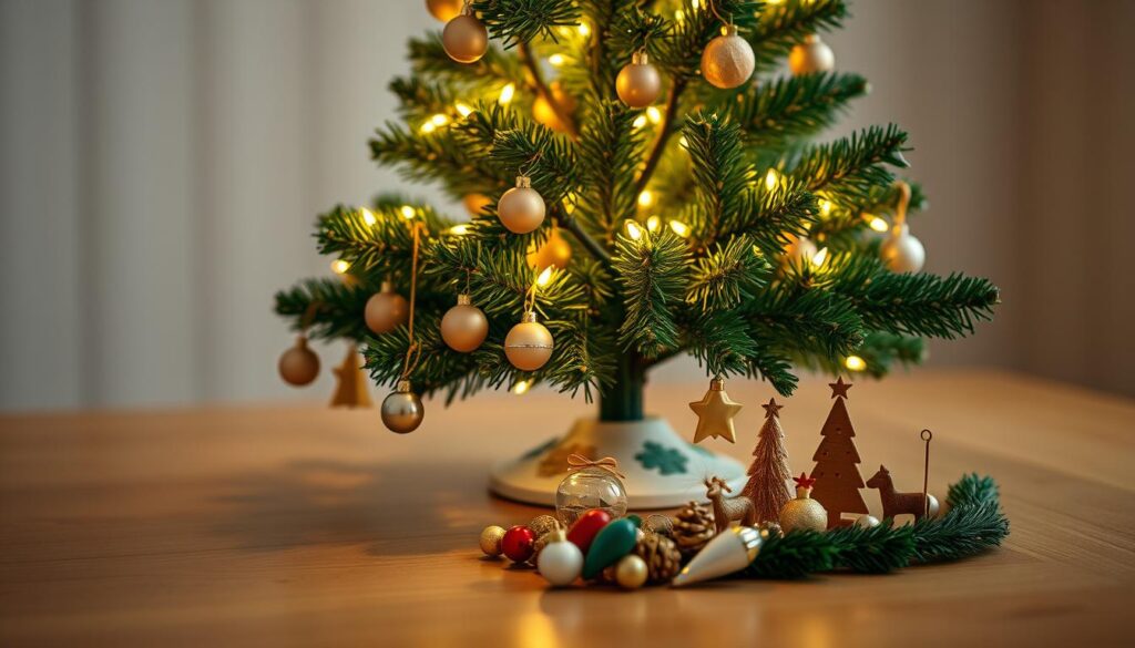 A cozy tabletop Christmas tree adorned with delicate ornaments, twinkling lights, and miniature decorations. The tree stands elegantly on a wooden surface, its branches casting soft shadows. In the foreground, an assortment of tiny ornaments, bells, and figurines are thoughtfully arranged, creating a visually captivating display. The middle ground features the tree itself, its lush greenery complemented by the warm glow of the lights. The background is blurred, allowing the focus to remain on the intricate details of the tabletop scene. The overall atmosphere is one of warmth, festivity, and holiday charm, inviting the viewer to imagine the perfect placement of a miniature Christmas tree as the centerpiece of a intimate, festive setting.