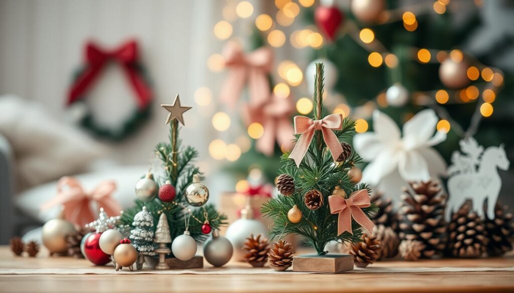 A cozy tabletop scene showcasing the latest holiday tree decoration trends for 2023. In the foreground, an assortment of delicate glass ornaments, sparkling tinsel, and whimsical figurines adorn a diminutive evergreen tree. The midground features an array of festive ribbon bows, pinecones, and twinkling string lights, creating a warm, inviting atmosphere. The background subtly blurs, emphasizing the intimate scale and thoughtful curation of these seasonal accents. Soft, diffused lighting casts a gentle glow, evoking the nostalgic charm of a winter wonderland. The overall composition celebrates the joy and creativity of dressing up small-scale holiday trees with the newest decorative flourishes.
