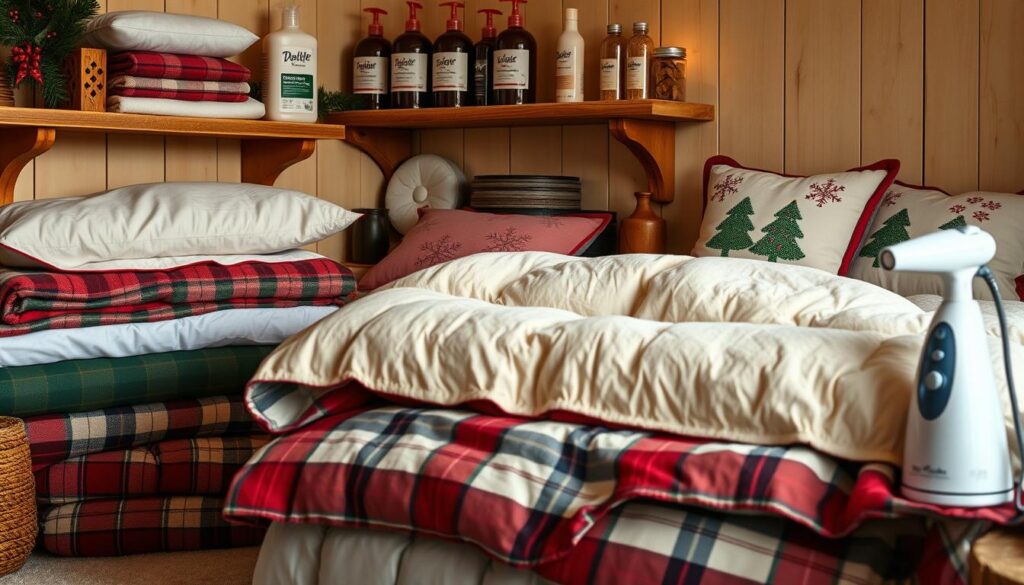 A cozy, warm-lit room filled with neatly folded and stacked Christmas-themed bedding - soft, plush flannel sheets in festive red and green hues, a fluffy down comforter in a classic tartan pattern, and plump, decorative throw pillows adorned with embroidered snowflakes. Carefully displayed on wooden shelves are fabric care products such as gentle detergent, fabric shaver, and a delicate garment steamer, all in a rustic, holiday-inspired aesthetic. The overall atmosphere is one of soothing tranquility, inviting the viewer to imagine the process of properly caring for these cherished seasonal linens.