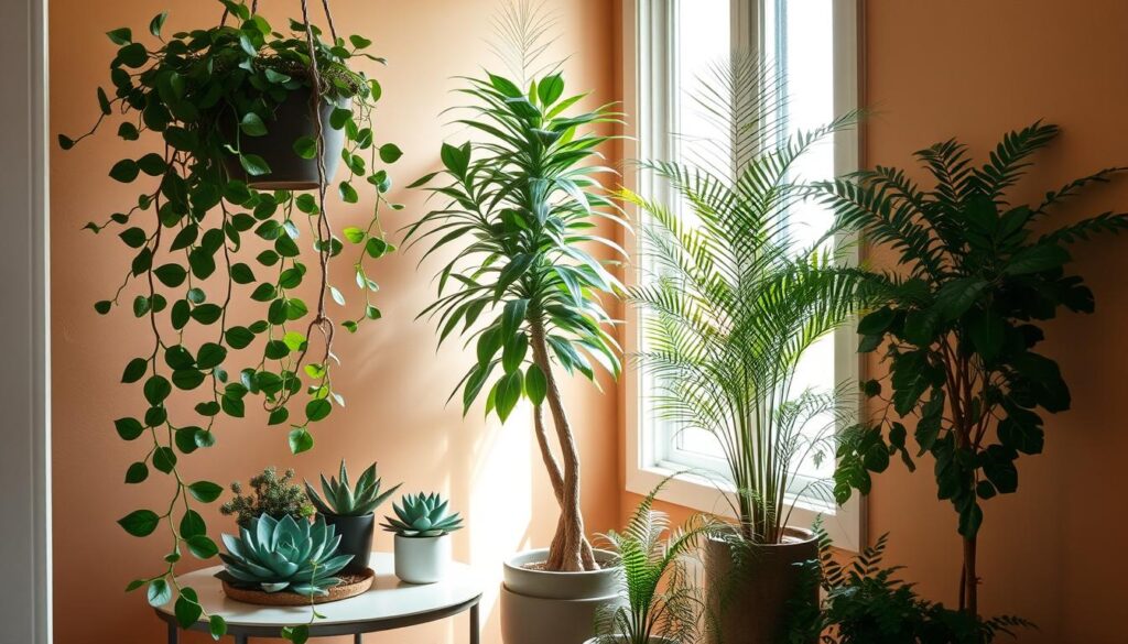 A cozy, well-lit indoor corner showcasing an artful arrangement of thriving potted plants in various sizes and textures. The foreground features a lush, trailing vine cascading from a hanging planter, complemented by a mix of leafy succulents and ferns on a minimalist side table. In the middle ground, a tall, sculptural plant stands proud, its fronds gently swaying. The background is a warm, neutral-toned wall, accentuating the vibrant greenery. Soft, diffused natural light filters through a nearby window, casting gentle shadows and creating an inviting, serene atmosphere, perfect for a small, plant-filled space. A cozy, well-lit indoor corner showcasing an artful arrangement of thriving potted plants in various sizes and textures. The foreground features a lush, trailing vine cascading from a hanging planter, complemented by a mix of leafy succulents and ferns on a minimalist side table. In the middle ground, a tall, sculptural plant stands proud, its fronds gently swaying. The background is a warm, neutral-toned wall, accentuating the vibrant greenery. Soft, diffused natural light filters through a nearby window, casting gentle shadows and creating an inviting, serene atmosphere, perfect for a small, plant-filled space.