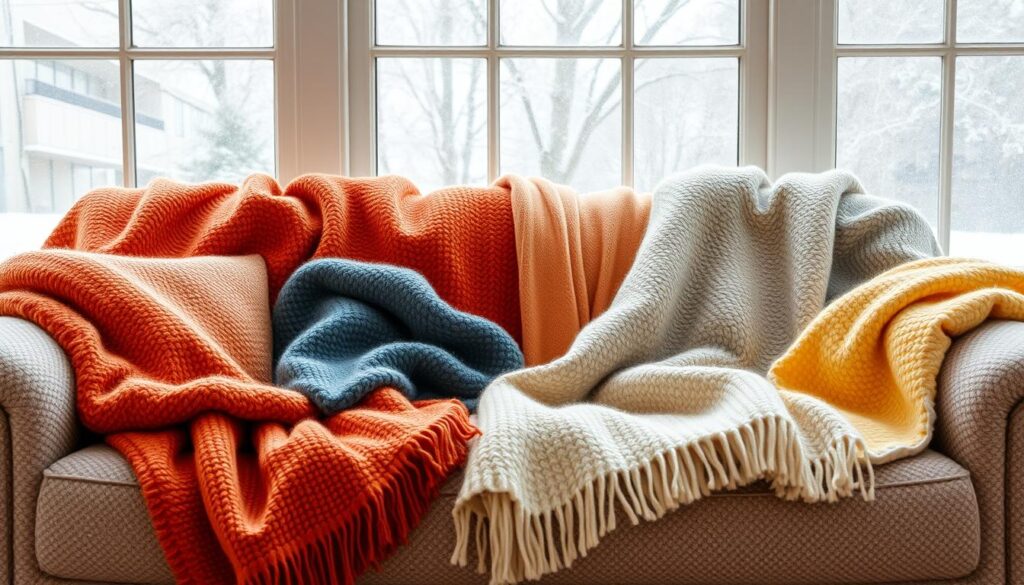 A cozy winter scene featuring a variety of vibrant throw blanket color combinations artfully arranged on a plush, textured sofa. The blankets showcase a range of complementary hues, from warm ochres and terracotta to cool blues and grays, all bathed in soft, diffused natural lighting filtering through frosted windows. The composition emphasizes the tactile quality of the fabrics, inviting the viewer to sink into the comforting embrace of these winter-ready textiles. A sense of hygge and serene contentment permeates the image, capturing the essence of choosing colors that brighten the mood on a chilly day. A cozy winter scene featuring a variety of vibrant throw blanket color combinations artfully arranged on a plush, textured sofa. The blankets showcase a range of complementary hues, from warm ochres and terracotta to cool blues and grays, all bathed in soft, diffused natural lighting filtering through frosted windows. The composition emphasizes the tactile quality of the fabrics, inviting the viewer to sink into the comforting embrace of these winter-ready textiles. A sense of hygge and serene contentment permeates the image, capturing the essence of choosing colors that brighten the mood on a chilly day.