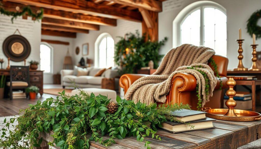 A cozy winter scene in a rustic, boho-inspired living room. In the foreground, a mix of lush greenery - trailing vines, ferns, and potted plants - cascading over a weathered wood coffee table. Midground features a plush, chunky knit throw blanket draped over a distressed leather armchair, with a stack of antique hardcover books nearby. The background showcases exposed wooden beams, whitewashed walls, and a large picture window letting in soft, diffused natural light. Subtle pops of warm metallics, such as brass candlesticks and a hammered copper tray, add an elegant touch. The overall atmosphere is one of organic comfort and mindful simplicity.
