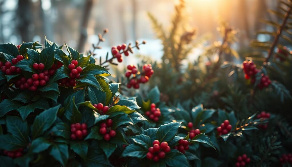 A cozy winter scene of lush, verdant foliage against a soft, diffused lighting. In the foreground, a dense cluster of holly leaves and berries, their glossy textures glistening. In the middle ground, sprigs of eucalyptus and pine, their muted greens and blues creating a harmonious palette. In the background, blurred silhouettes of ferns and other woodland plants, hinting at a serene, natural setting. The lighting is warm and gentle, casting a welcoming glow that enhances the tactile qualities of the textures. Captured with a shallow depth of field to draw the eye towards the focal point of the winter greenery. A cozy winter scene of lush, verdant foliage against a soft, diffused lighting. In the foreground, a dense cluster of holly leaves and berries, their glossy textures glistening. In the middle ground, sprigs of eucalyptus and pine, their muted greens and blues creating a harmonious palette. In the background, blurred silhouettes of ferns and other woodland plants, hinting at a serene, natural setting. The lighting is warm and gentle, casting a welcoming glow that enhances the tactile qualities of the textures. Captured with a shallow depth of field to draw the eye towards the focal point of the winter greenery.