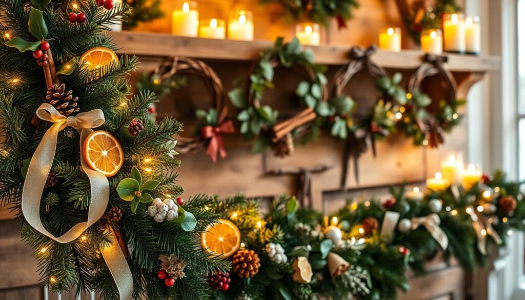 A cozy winter scene showcasing an array of handcrafted Christmas garland ideas. In the foreground, a beautifully styled arrangement of fresh pine, holly, and dried citrus slices, accented with delicate ribbon and twinkling fairy lights. In the middle ground, a collection of woven grapevine wreaths adorned with cinnamon sticks, pinecones, and sprigs of eucalyptus. The background features a rustic wooden mantel or shelving unit, casting a warm, golden glow from flickering candles. The overall mood is one of festive, homespun charm, perfect for inspiring DIY holiday decor.