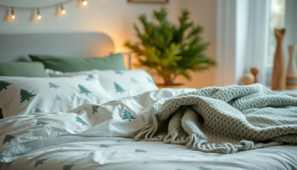 A cozy winter scene with a plush, organic cotton Christmas bedding set in muted greens and whites. The bedding features a subtle pine tree pattern, complemented by a hand-knitted wool throw in a complementary shade. Soft, diffused lighting from a nearby lamp casts a warm glow, creating a serene, eco-friendly ambiance. In the background, a large potted plant and a few sustainably sourced wooden accents add natural elements to the bedroom's decor. The overall composition conveys a sense of comfort, simplicity, and environmental consciousness.