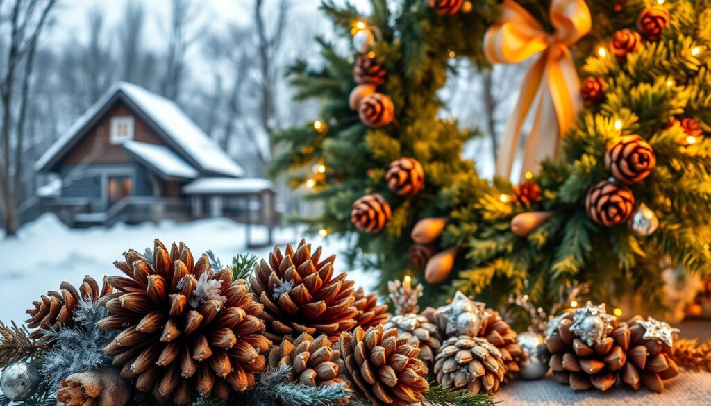 A cozy winter scene with a warm, rustic atmosphere. In the foreground, a cluster of natural pine cones in various shades of brown and amber, delicately adorned with silver and gold accents, creating a captivating holiday centerpiece. The middle ground features a lush evergreen wreath, its dense branches intertwined with pinecones, ribbons, and subtle twinkling lights, casting a soft, inviting glow. In the background, a snowy landscape with bare trees and a distant, snow-covered cabin, blanketed in a serene, tranquil ambiance. Warm, gentle lighting from above illuminates the entire composition, emphasizing the natural beauty and festive charm of the pinecone decorations. A cozy winter scene with a warm, rustic atmosphere. In the foreground, a cluster of natural pine cones in various shades of brown and amber, delicately adorned with silver and gold accents, creating a captivating holiday centerpiece. The middle ground features a lush evergreen wreath, its dense branches intertwined with pinecones, ribbons, and subtle twinkling lights, casting a soft, inviting glow. In the background, a snowy landscape with bare trees and a distant, snow-covered cabin, blanketed in a serene, tranquil ambiance. Warm, gentle lighting from above illuminates the entire composition, emphasizing the natural beauty and festive charm of the pinecone decorations.