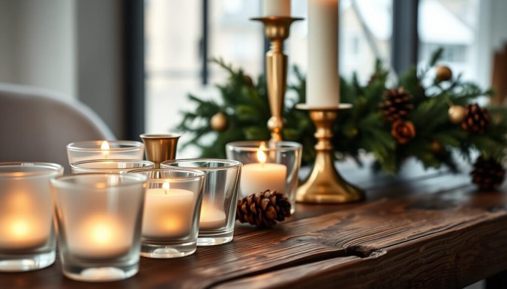 A cozy winter tableau featuring a rustic wooden table adorned with a variety of elegant candle holders. In the foreground, a cluster of frosted glass votive holders casting a warm, flickering glow. In the middle ground, a tall, tapered pillar candle holder crafted from polished brass, its reflective surface catching the light. In the background, a delicate wreath of evergreen branches and pinecones, lending a touch of natural beauty. The scene is bathed in soft, diffused lighting, creating a serene and inviting atmosphere. Shot from a low, intimate angle to emphasize the vignette's tactile, handcrafted qualities. A cozy winter tableau featuring a rustic wooden table adorned with a variety of elegant candle holders. In the foreground, a cluster of frosted glass votive holders casting a warm, flickering glow. In the middle ground, a tall, tapered pillar candle holder crafted from polished brass, its reflective surface catching the light. In the background, a delicate wreath of evergreen branches and pinecones, lending a touch of natural beauty. The scene is bathed in soft, diffused lighting, creating a serene and inviting atmosphere. Shot from a low, intimate angle to emphasize the vignette's tactile, handcrafted qualities.
