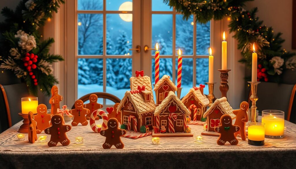 A delightful gingerbread house-themed table setting, illuminated by warm candlelight. In the foreground, an array of gingerbread figures - whimsical characters with intricate icing details. Atop a lace-trimmed tablecloth, a centerpiece composed of frosted gingerbread houses, gumdrop pathways, and peppermint-striped candlesticks. Lush, evergreen garlands with sprinkles of gold accent the scene, creating a cozy, festive atmosphere. In the background, a window reveals a winter wonderland, snowflakes drifting gently against a moonlit sky. This enchanting tableau captures the magic of the holiday season, inviting guests to indulge in the delightful flavors and festivities of a gingerbread-inspired home. A delightful gingerbread house-themed table setting, illuminated by warm candlelight. In the foreground, an array of gingerbread figures - whimsical characters with intricate icing details. Atop a lace-trimmed tablecloth, a centerpiece composed of frosted gingerbread houses, gumdrop pathways, and peppermint-striped candlesticks. Lush, evergreen garlands with sprinkles of gold accent the scene, creating a cozy, festive atmosphere. In the background, a window reveals a winter wonderland, snowflakes drifting gently against a moonlit sky. This enchanting tableau captures the magic of the holiday season, inviting guests to indulge in the delightful flavors and festivities of a gingerbread-inspired home.