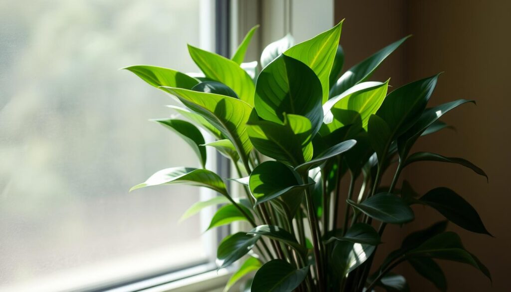 A dimly lit ZZ plant sitting in a corner, soft natural light filtering through a nearby window, casting gentle shadows on the lush, glossy leaves. The plant's sturdy, thick stems and waxy foliage suggest its resilience to low-light conditions. In the background, a subtle gradient of warm tones evokes a cozy, inviting atmosphere, perfect for a thriving ZZ plant. The composition emphasizes the plant's adaptability, capturing the essence of caring for this hardy, low-maintenance houseplant in areas with limited light and temperature variations. A dimly lit ZZ plant sitting in a corner, soft natural light filtering through a nearby window, casting gentle shadows on the lush, glossy leaves. The plant's sturdy, thick stems and waxy foliage suggest its resilience to low-light conditions. In the background, a subtle gradient of warm tones evokes a cozy, inviting atmosphere, perfect for a thriving ZZ plant. The composition emphasizes the plant's adaptability, capturing the essence of caring for this hardy, low-maintenance houseplant in areas with limited light and temperature variations.