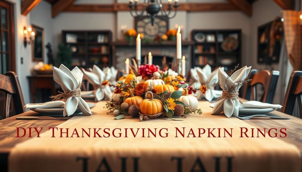A elegant Thanksgiving table setting with a warm, inviting atmosphere. In the foreground, a rustic wooden table covered in a plush, autumnal-colored tablecloth. Ornate napkin rings, crafted from natural materials like woven twine and dried flowers, adorn each place setting. The middle ground features a centerpiece brimming with seasonal florals, gourds, and twinkling candles, casting a soft, golden glow. In the background, a cozy, farmhouse-inspired space with wooden beams and neutral-toned walls. The overall scene evokes feelings of gratitude, comfort and togetherness, perfectly complementing the "DIY Thanksgiving Napkin Rings: Easy Tutorial" theme.