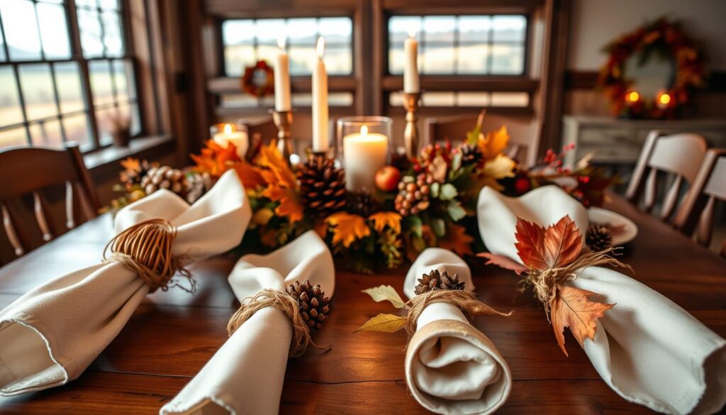 A festive Thanksgiving tablescape with a variety of DIY napkin rings takes center stage. In the foreground, elegant cloth napkins are adorned with handcrafted rings made from natural materials like woven rattan, pinecones, and dried leaves. The middle ground features a rustic wooden table topped with a lush garland of autumn foliage, pinecones, and berries. Warm candlelight casts a cozy glow, while the background showcases a charming countryside scene through large windows. The overall mood is one of inviting autumn charm, perfect for an intimate Thanksgiving gathering.