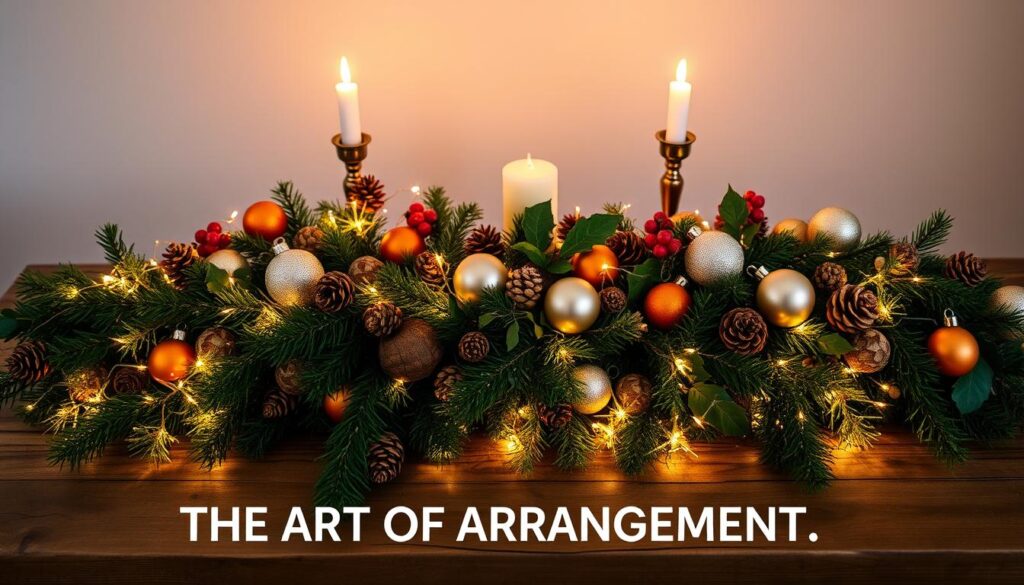 A festive arrangement of holiday decorations sits atop a rustic wooden table, bathed in warm, ambient lighting. In the foreground, a lush evergreen garland twines gracefully, interspersed with twinkling fairy lights and shimmering ornaments in a mix of colors and textures. Surrounding the garland are clusters of pinecones, dried citrus slices, and delicate sprigs of holly, creating a harmonious, natural display. In the middle ground, a pair of elegant candlesticks flank the arrangement, their flames casting a soft, flickering glow. The background features a simple, minimalist backdrop, allowing the decorations to take center stage and evoke a cozy, inviting atmosphere perfect for the "The Art of Arrangement" section.
