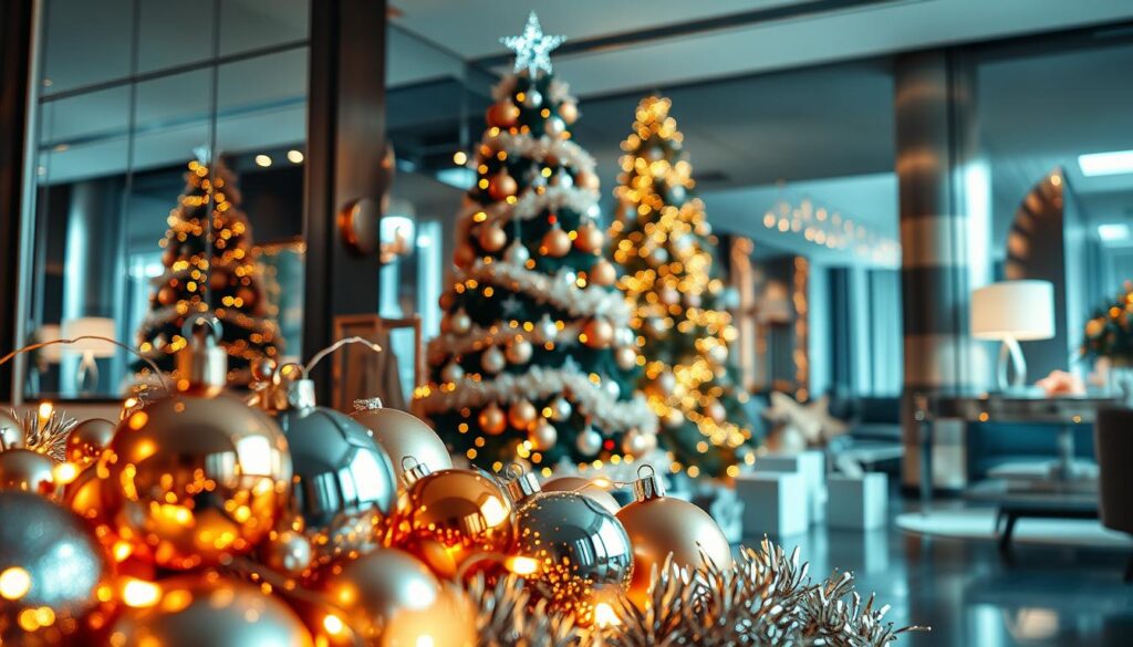 A festive metallic Christmas scene, captured in stunning detail. In the foreground, an array of ornaments in shimmering gold, silver, and bronze hues, reflecting the warm glow of twinkling fairy lights. In the middle ground, a sleek, modern Christmas tree adorned with metallic garlands and baubles, its metallic accents catching the light and casting a mesmerizing glow. The background features a sophisticated, minimalist interior, with mirrored surfaces and brushed metal accents that amplify the radiant, luxurious atmosphere. Soft, diffused lighting bathes the scene in a warm, inviting ambiance, creating a visually striking and visually captivating festive display. A festive metallic Christmas scene, captured in stunning detail. In the foreground, an array of ornaments in shimmering gold, silver, and bronze hues, reflecting the warm glow of twinkling fairy lights. In the middle ground, a sleek, modern Christmas tree adorned with metallic garlands and baubles, its metallic accents catching the light and casting a mesmerizing glow. The background features a sophisticated, minimalist interior, with mirrored surfaces and brushed metal accents that amplify the radiant, luxurious atmosphere. Soft, diffused lighting bathes the scene in a warm, inviting ambiance, creating a visually striking and visually captivating festive display.