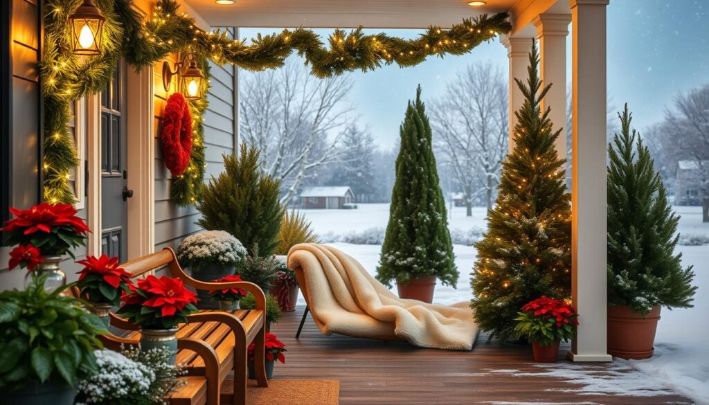 A festive outdoor scene featuring a cozy, well-lit front porch adorned with lush green garlands, twinkling white string lights, and an assortment of potted poinsettias and evergreen plants. In the foreground, a wooden bench is draped with a soft, fluffy white blanket, inviting visitors to pause and admire the charming display. The middle ground showcases a pair of tall, slim Christmas trees flanking the entrance, their branches delicately dusted with a light snowfall. The background depicts a tranquil, winter wonderland landscape, with a gently falling snow and a clear, starry night sky overhead, creating a serene and enchanting atmosphere.