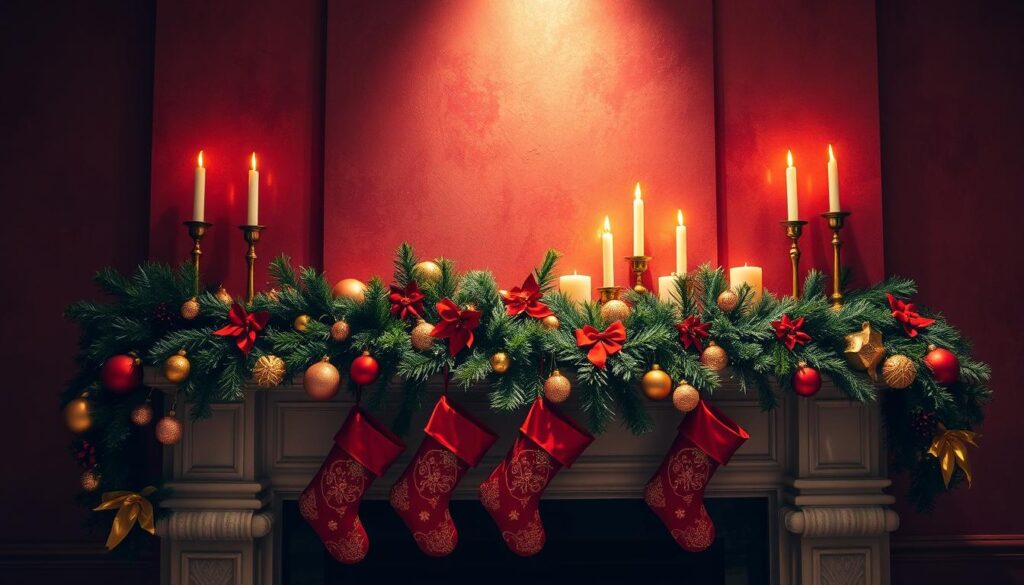 A festive red and gold mantel decor, adorned with garlands of lush greenery, shimmering ornaments, and elegant candles. The mantel is the focal point, casting a warm, inviting glow against a backdrop of rich, textured walls. Ornate stockings in a complementary color scheme hang from the mantel, adding a touch of holiday cheer. The overall scene exudes a cozy, luxurious atmosphere, perfect for a Christmas celebration. Soft, directional lighting from above accentuates the textures and highlights the metallic accents, creating a visually striking and visually balanced composition.