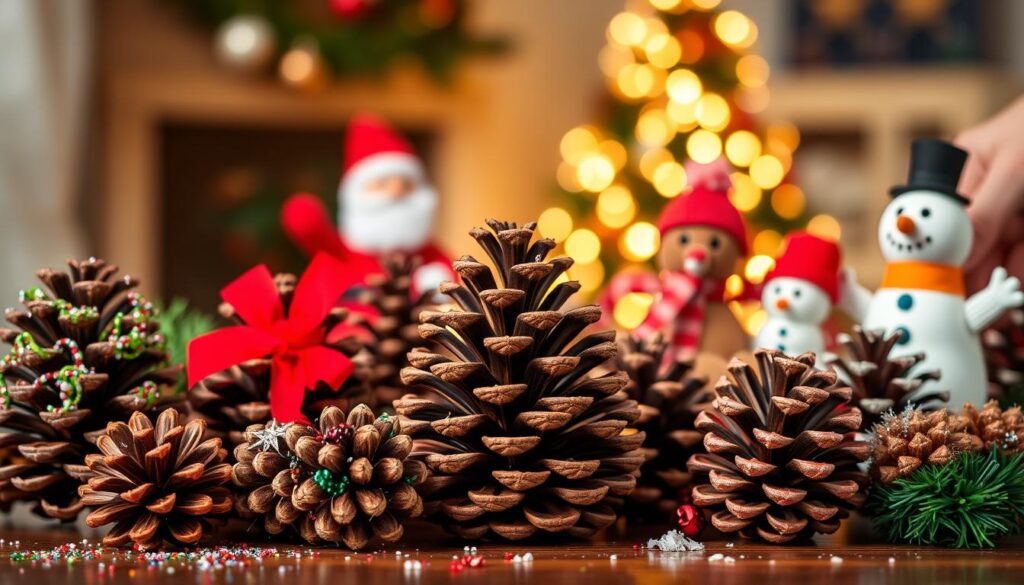 A festive still life showcasing a variety of handmade Christmas pinecone crafts for kids. In the foreground, a group of colorful pinecones adorned with glitter, ribbons, and other whimsical decorations. In the middle ground, a selection of pinecone characters, such as Santa Claus, reindeer, and snowmen, stand proudly. The background features a cozy, warm-lit setting, with a soft, out-of-focus Christmas tree in the distance, casting a gentle glow. The overall scene exudes a sense of joy, creativity, and the spirit of the holiday season, perfectly capturing the theme of "Kids' Pinecone Crafts: Fun for All Ages". A festive still life showcasing a variety of handmade Christmas pinecone crafts for kids. In the foreground, a group of colorful pinecones adorned with glitter, ribbons, and other whimsical decorations. In the middle ground, a selection of pinecone characters, such as Santa Claus, reindeer, and snowmen, stand proudly. The background features a cozy, warm-lit setting, with a soft, out-of-focus Christmas tree in the distance, casting a gentle glow. The overall scene exudes a sense of joy, creativity, and the spirit of the holiday season, perfectly capturing the theme of "Kids' Pinecone Crafts: Fun for All Ages".