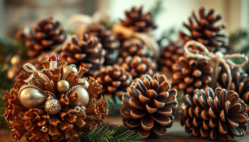 A festive still life showcasing an arrangement of decorative pinecones. In the foreground, a cluster of pinecones in warm, earthy tones are adorned with metallic accents, ribbons, and delicate ornaments. The middle ground features a mix of larger pinecones in various shapes and sizes, some wrapped in string or twine, creating a layered and textural composition. The background is softly blurred, highlighting the tactile and natural qualities of the pinecones. Warm, diffused lighting casts gentle shadows, evoking a cozy, inviting ambiance. The overall scene conveys a sense of handcrafted, rustic charm, perfect for holiday gift-giving and decor. A festive still life showcasing an arrangement of decorative pinecones. In the foreground, a cluster of pinecones in warm, earthy tones are adorned with metallic accents, ribbons, and delicate ornaments. The middle ground features a mix of larger pinecones in various shapes and sizes, some wrapped in string or twine, creating a layered and textural composition. The background is softly blurred, highlighting the tactile and natural qualities of the pinecones. Warm, diffused lighting casts gentle shadows, evoking a cozy, inviting ambiance. The overall scene conveys a sense of handcrafted, rustic charm, perfect for holiday gift-giving and decor.