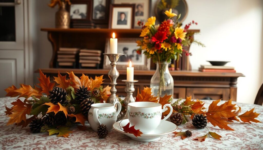A festive table vignette with heirloom family treasures. In the foreground, an intricately patterned tablecloth and a delicate porcelain tea set, each piece a cherished relic. Surrounding them, an artful arrangement of autumn leaves, pinecones, and a single glowing candle, casting a warm, intimate glow. In the middle ground, a vintage silver candlestick and an ornate glass vase filled with vibrant fall florals. In the background, a rustic wooden console table, its surface adorned with framed family photographs and a collection of weathered books. The scene is bathed in soft, diffused lighting, creating a cozy, nostalgic atmosphere that invites the viewer to linger and appreciate the stories behind each treasured item. A festive table vignette with heirloom family treasures. In the foreground, an intricately patterned tablecloth and a delicate porcelain tea set, each piece a cherished relic. Surrounding them, an artful arrangement of autumn leaves, pinecones, and a single glowing candle, casting a warm, intimate glow. In the middle ground, a vintage silver candlestick and an ornate glass vase filled with vibrant fall florals. In the background, a rustic wooden console table, its surface adorned with framed family photographs and a collection of weathered books. The scene is bathed in soft, diffused lighting, creating a cozy, nostalgic atmosphere that invites the viewer to linger and appreciate the stories behind each treasured item.
