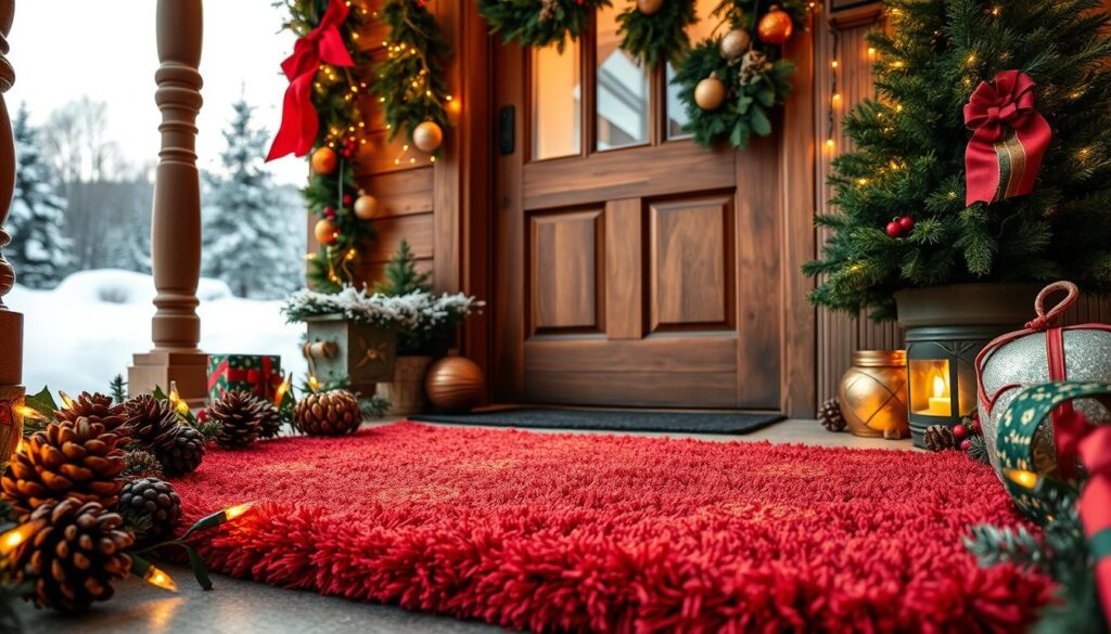 A festively adorned entryway greets visitors with a vibrant, welcoming charm. In the foreground, a plush, textured doormat in warm crimson or forest green hues lies invitingly, accented with delicate gold or silver patterns. Surrounding the mat, a blend of pinecones, holly leaves, and twinkling fairy lights creates a cozy, holiday-inspired scene. In the middle ground, a rustic wooden door frame is draped with garlands of evergreen, dotted with shimmering ornaments that catch the soft, diffused lighting from overhead. The background features a snowy landscape, with a clear, winter sky hinting at the season's magic. The overall atmosphere evokes a sense of comfort, joy, and anticipation for the holidays ahead.