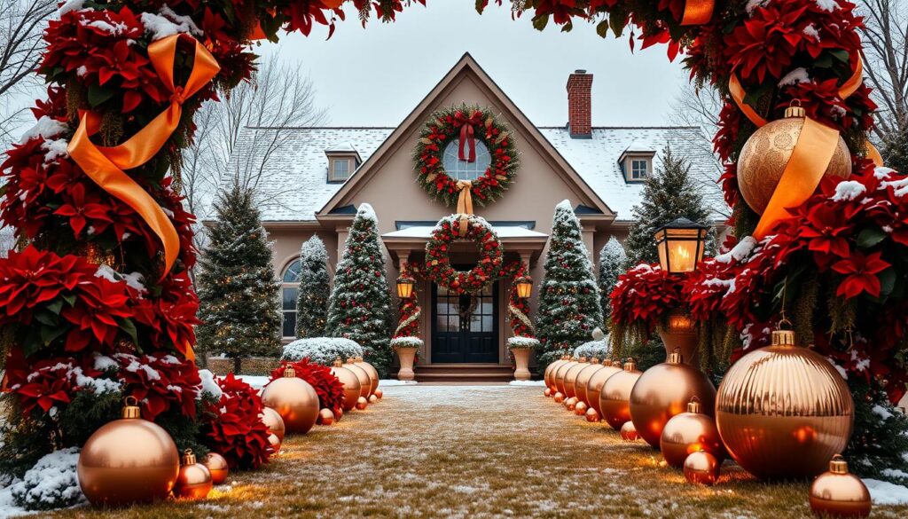 A grand, opulent display of holiday splendor adorns the front yard. In the foreground, a towering archway glimmers with a lush arrangement of crimson poinsettias and gilded ribbons, framing the pathway. Lining the lawn, a row of gleaming copper ornaments in varying sizes catch the warm glow of LED lights, casting a radiant reflection on the freshly fallen snow. In the middle ground, a massive wreath, meticulously crafted with vibrant red berries and shimmering gold accents, hangs majestically on the home's façade. The background features a dusting of powdery white, accentuating the luxurious, festive ambiance. Captured with a wide-angle lens, this scene exudes a sense of grandeur and celebration, perfectly embodying the spirit of the holiday season.