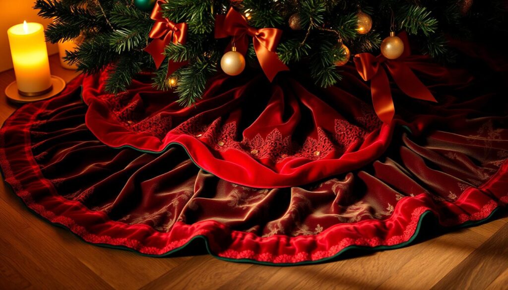 A lavish velvet Christmas tree skirt, its plush surface shimmering in the warm glow of candlelight. Layers of rich, jewel-toned velvets in emerald, ruby, and sapphire create a sumptuous, textured foundation. Elegant satin bows, delicate lace trim, and glittering sequins add subtle accents, drawing the eye inward. Soft, diffused lighting bathes the scene, evoking a cozy, festive atmosphere. The skirt cascades gracefully, its folds and pleats casting dramatic shadows that add depth and dimension. A harmonious blend of luxurious, tactile elements that invite the viewer to reach out and touch.