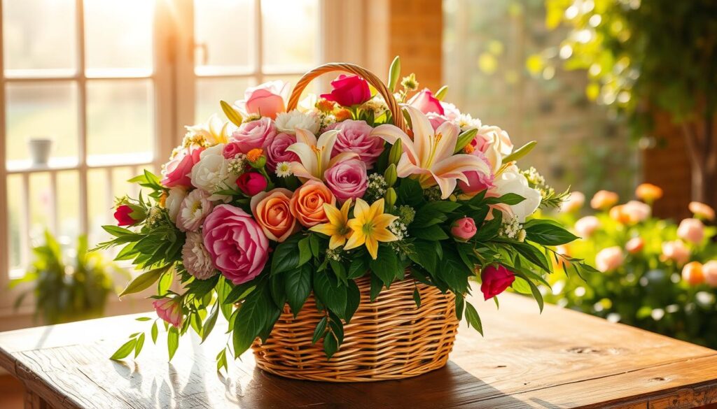 A lush, floral arrangement sits atop a rustic wooden table, bathed in warm, golden sunlight streaming through a large window. In the foreground, vibrant blooms of roses, peonies, and lilies spill over the edges of a hand-woven wicker basket, their petals delicately arranged in a natural, cascading manner. The middle ground features verdant, leafy greens that frame the centerpiece, adding depth and texture. In the background, a blurred, out-of-focus scene of a breezy, sun-dappled garden provides a serene, idyllic backdrop. The overall mood is one of effortless elegance and summer's lush abundance, inviting the viewer to appreciate the beauty and care required to maintain such a stunning floral display.