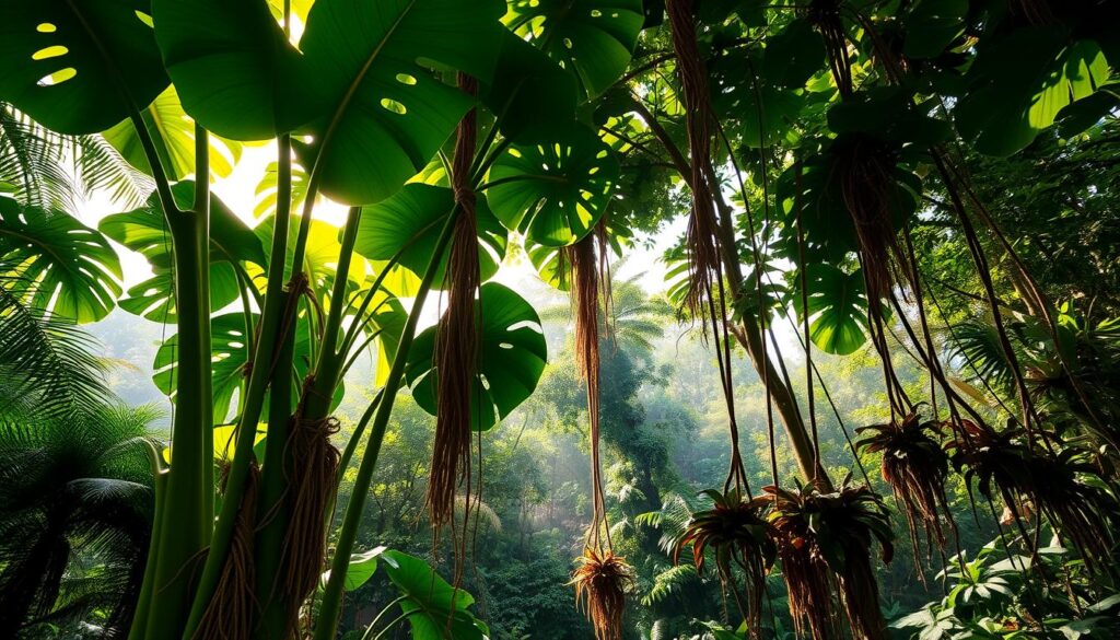 A lush, tropical jungle canopy with towering Monstera deliciosa plants thriving in their natural habitat. Dappled sunlight filters through the verdant foliage, casting a warm, golden glow. Massive, glossy leaves unfurl, revealing their iconic perforations. Aerial roots dangle from the plants, anchoring them to the moist, nutrient-rich soil. In the foreground, a cluster of Monstera plants stands tall, their vines intertwining with surrounding vegetation. The middle ground features a tangle of ferns, bromeliads, and other epiphytic plants, creating a diverse, layered scene. The background is a dense, hazy forest, with a sense of depth and mystery. The overall atmosphere is one of lush, tropical abundance and tranquility. A lush, tropical jungle canopy with towering Monstera deliciosa plants thriving in their natural habitat. Dappled sunlight filters through the verdant foliage, casting a warm, golden glow. Massive, glossy leaves unfurl, revealing their iconic perforations. Aerial roots dangle from the plants, anchoring them to the moist, nutrient-rich soil. In the foreground, a cluster of Monstera plants stands tall, their vines intertwining with surrounding vegetation. The middle ground features a tangle of ferns, bromeliads, and other epiphytic plants, creating a diverse, layered scene. The background is a dense, hazy forest, with a sense of depth and mystery. The overall atmosphere is one of lush, tropical abundance and tranquility.
