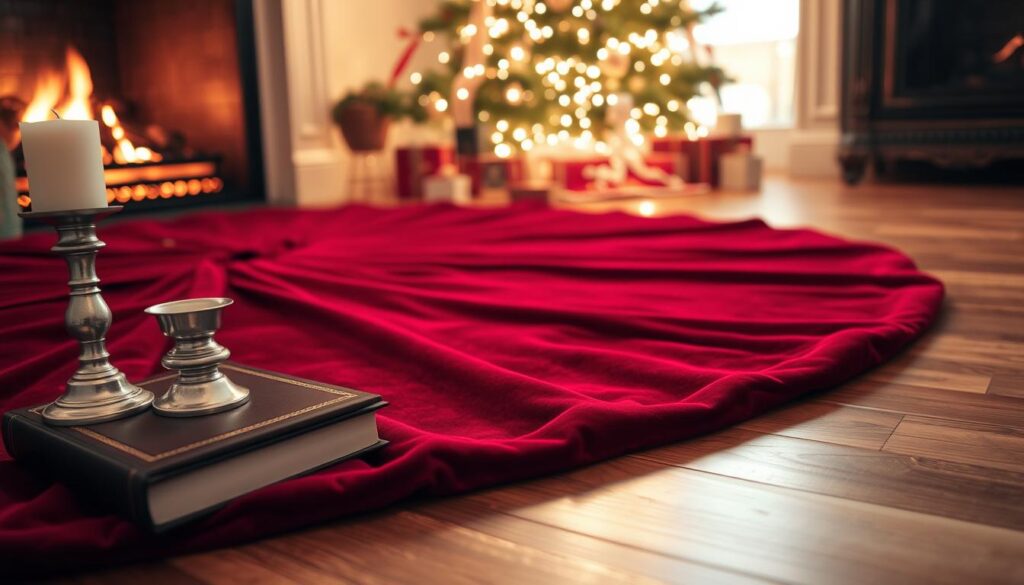 A lush, velvet Christmas tree skirt lies on a polished hardwood floor, its deep crimson hue catching the warm glow of a nearby fireplace. Soft, diffused lighting illuminates the plush texture, inviting viewers to reach out and feel the luxurious fabric. In the foreground, a pair of elegant, leather-bound books and a silver candle holder provide a stylish, complementary arrangement. The background features a glimpse of a twinkling Christmas tree, its branches casting gentle shadows across the scene. The overall mood is one of cozy, holiday elegance, perfectly capturing the essence of caring for a cherished velvet tree skirt.