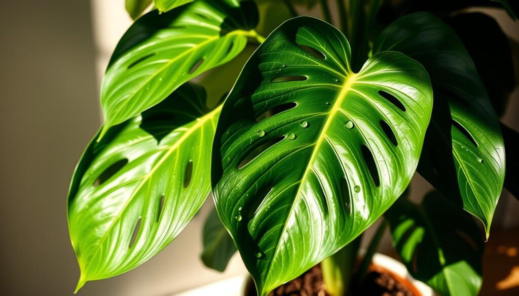 A lush, verdant monstera deliciosa plant thriving in a sun-dappled indoor setting. The broad, glossy leaves catch the soft, natural light, casting gentle shadows on the soil below. Droplets of water glisten on the foliage, as if freshly misted, conveying a sense of nourishment and vitality. The composition is balanced, with the plant occupying the focal point, framed by a neutral, minimalist background that allows the subject to take center stage. The mood is serene, calming, and evocative of a healthy, well-cared-for indoor monstera. A lush, verdant monstera deliciosa plant thriving in a sun-dappled indoor setting. The broad, glossy leaves catch the soft, natural light, casting gentle shadows on the soil below. Droplets of water glisten on the foliage, as if freshly misted, conveying a sense of nourishment and vitality. The composition is balanced, with the plant occupying the focal point, framed by a neutral, minimalist background that allows the subject to take center stage. The mood is serene, calming, and evocative of a healthy, well-cared-for indoor monstera.