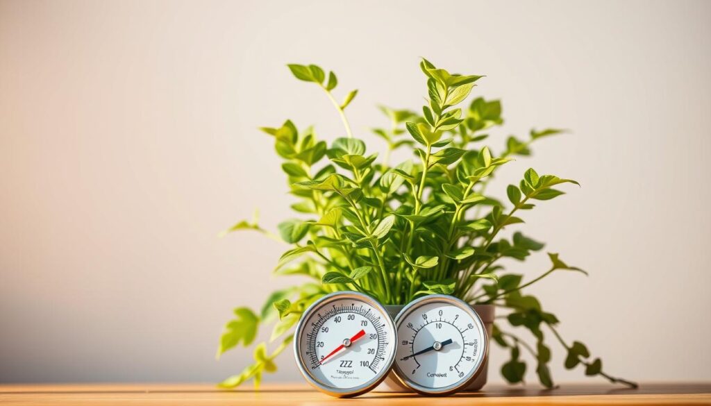A lush, vibrant ZZ plant set against a soft, gradient background. In the foreground, a thermometer and hygrometer display the ideal temperature and humidity levels for the plant's optimal growth. The instruments are positioned at a slight angle, casting gentle shadows. The lighting is warm and natural, evoking a cozy, indoor setting. The overall composition is balanced and visually striking, drawing the viewer's attention to the key details that illustrate the environmental requirements for a thriving ZZ plant. A lush, vibrant ZZ plant set against a soft, gradient background. In the foreground, a thermometer and hygrometer display the ideal temperature and humidity levels for the plant's optimal growth. The instruments are positioned at a slight angle, casting gentle shadows. The lighting is warm and natural, evoking a cozy, indoor setting. The overall composition is balanced and visually striking, drawing the viewer's attention to the key details that illustrate the environmental requirements for a thriving ZZ plant.