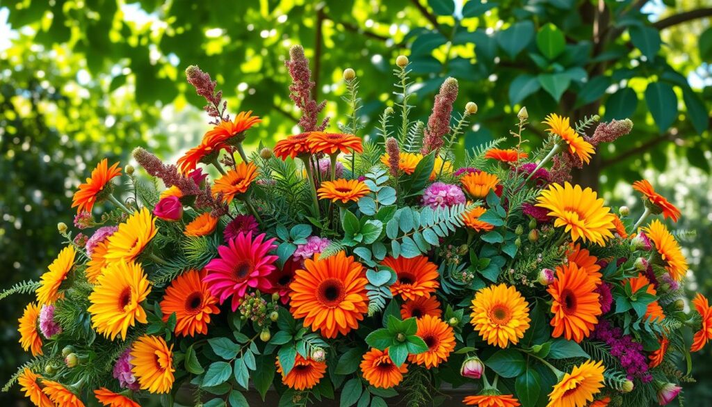 A lush, vibrant summer floral arrangement with an abundance of seasonal foliage. In the foreground, a captivating display of bold, blooming flowers in warm hues - sunflowers, zinnias, and marigolds. The middle ground features a cascading mix of leafy greens, including ferns, eucalyptus, and trailing vines. In the background, a natural setting with dappled sunlight filtering through a canopy of verdant, oversized leaves. The lighting is soft and natural, creating a serene, inviting atmosphere. The composition is balanced, with the florals and foliage artfully arranged to draw the eye through the scene. An inspiring, seasonal centerpiece that celebrates the beauty of summer.