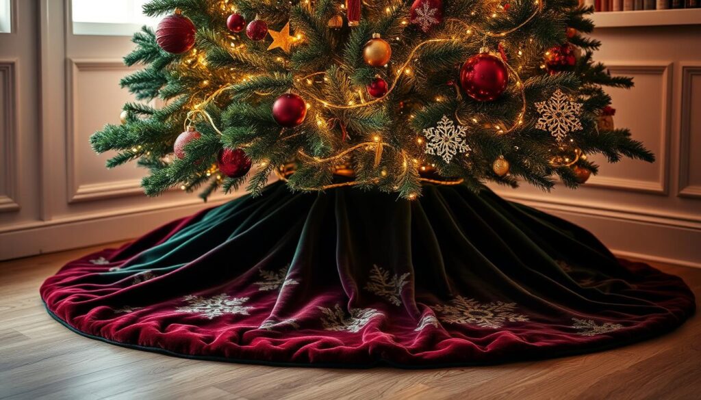 A luxurious velvet tree skirt in rich burgundy or emerald green, draped elegantly around the base of a majestic Christmas tree. The soft, plush fabric cascades gracefully, its deep pile reflecting the warm glow of twinkling fairy lights above. The skirt's intricate embroidered patterns or subtle sheen add an opulent, high-end touch, perfectly complementing the tree's ornaments. Captured in a soft, diffused light that casts gentle shadows, the scene exudes a sense of refined holiday splendor, inviting you to cozy up and soak in the festive ambiance.
