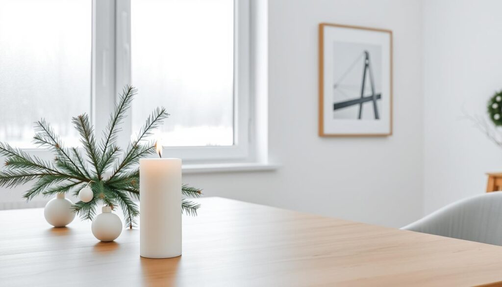 A minimalist Scandinavian-style Christmas scene, captured in soft natural lighting. In the foreground, a simple white candle, its flame flickering, sits atop a sleek wooden table. Behind it, a sparse arrangement of delicate pine branches and white ceramic ornaments. In the middle ground, a large, frosted window overlooks a snowy landscape, the muted tones of the outdoors casting a serene, calming glow. The background features clean white walls, punctuated by a single framed piece of abstract artwork, completing the pared-down, serene aesthetic. The overall mood is one of quiet elegance and restful minimalism. A minimalist Scandinavian-style Christmas scene, captured in soft natural lighting. In the foreground, a simple white candle, its flame flickering, sits atop a sleek wooden table. Behind it, a sparse arrangement of delicate pine branches and white ceramic ornaments. In the middle ground, a large, frosted window overlooks a snowy landscape, the muted tones of the outdoors casting a serene, calming glow. The background features clean white walls, punctuated by a single framed piece of abstract artwork, completing the pared-down, serene aesthetic. The overall mood is one of quiet elegance and restful minimalism.