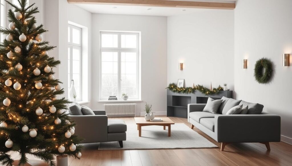 A modern holiday color scheme with a sophisticated monochrome palette. A minimalist living room scene, flooded with soft, diffused natural light from large windows. In the foreground, a minimalist Christmas tree adorned with simple white ornaments and fairy lights. Subtle pops of greenery in the form of wreaths and garlands provide a fresh, organic contrast. In the middle ground, a cozy seating area with sleek, monochrome furniture pieces - a plush gray sofa, armchair, and a low wooden coffee table. The background features bare white walls, accentuated by discreet wall sconces casting a warm, ambient glow. An overall sense of understated elegance and restrained holiday cheer.