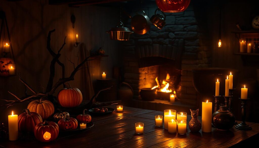 A moody, atmospheric kitchen scene lit by an array of ethereal, flickering candlelight. The foreground features a rustic wooden table adorned with carved pumpkins, gnarled tree branches, and an assortment of spooky trinkets. Shadows dance across the walls, cast by the warm, amber glow of the candles, creating an enchanting, haunting ambiance. In the middle ground, copper pots and pans hang from wrought-iron hooks, their metallic surfaces reflecting the flickering light. The background showcases a stone fireplace with a roaring fire, casting a warm, inviting glow throughout the space. The overall mood is one of cozy, supernatural mystery, perfectly capturing the spirit of Halloween.