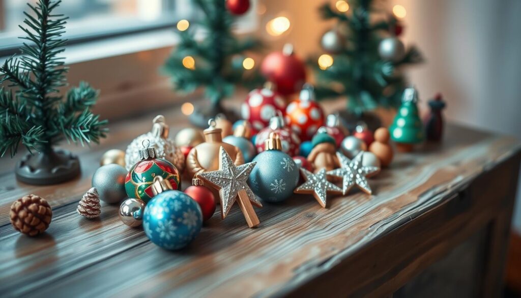A neatly arranged still life of miniature Christmas tree ornaments resting on a rustic wooden surface. The ornaments are a delightful mix of vibrant colors, intricate patterns, and whimsical shapes, including glass balls, glittery stars, and wooden figurines. Soft, warm lighting from an unseen source casts gentle shadows, creating a cozy, inviting atmosphere. The camera angle is slightly elevated, capturing the ornaments from a slightly bird's-eye view, emphasizing the delicate, detailed craftsmanship of each piece. The overall composition is balanced and harmonious, evoking the festive charm of a miniature tabletop Christmas tree display.