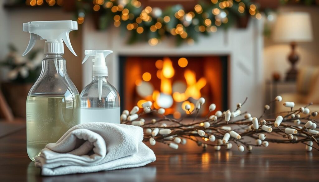 A neatly organized array of cleaning supplies in the foreground, including a spray bottle, microfiber cloth, and glass cleaner. In the middle ground, a hand-crafted mirror garland with intricate details and a rustic, natural aesthetic. The background depicts a warm, cozy interior setting with soft lighting, perhaps a fireplace or holiday decorations, creating a festive and inviting atmosphere. The composition emphasizes the preparation process for the DIY mirror garland, showcasing the necessary tools and materials required to achieve a polished, high-quality result.