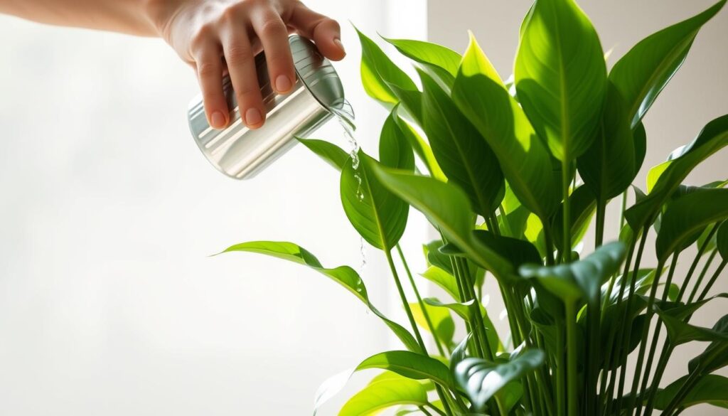 A person's hands delicately watering a lush, green ZZ plant. The plant's thick, glossy leaves stand tall, catching the soft, indirect sunlight filtering through a nearby window. The scene is captured in a close-up, studio-style photograph, with a clean, minimal background that allows the plant to be the focal point. The lighting is natural and diffused, creating gentle shadows and highlights that accentuate the plant's unique textures and forms. The overall mood is one of calm, care, and attention to detail, reflecting the importance of proper watering for a thriving indoor ZZ plant. A person's hands delicately watering a lush, green ZZ plant. The plant's thick, glossy leaves stand tall, catching the soft, indirect sunlight filtering through a nearby window. The scene is captured in a close-up, studio-style photograph, with a clean, minimal background that allows the plant to be the focal point. The lighting is natural and diffused, creating gentle shadows and highlights that accentuate the plant's unique textures and forms. The overall mood is one of calm, care, and attention to detail, reflecting the importance of proper watering for a thriving indoor ZZ plant.