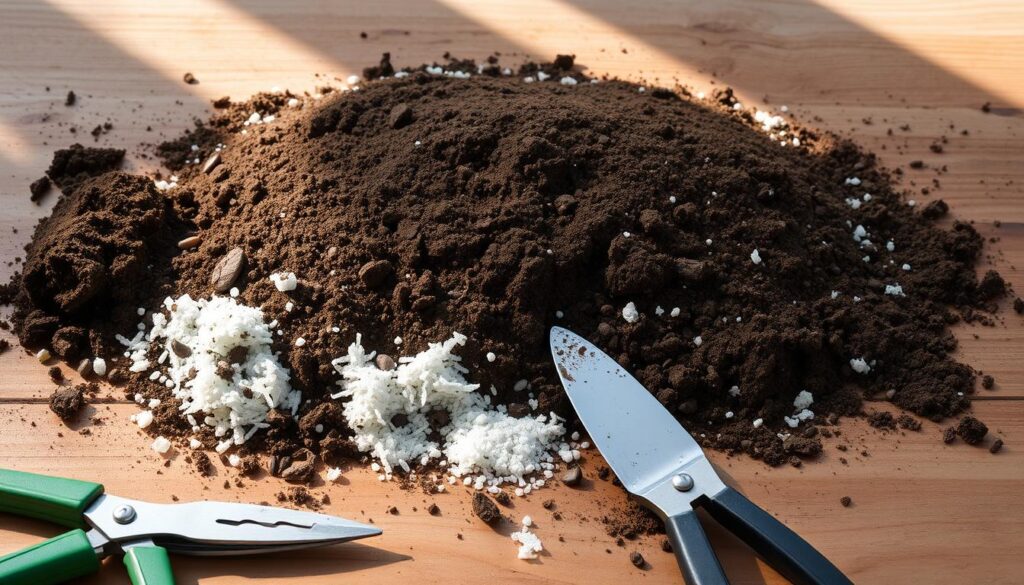 A pristine potting mix composed of nutrient-rich soil, perlite, and sphagnum moss, arranged neatly on a wooden surface. Soft, diffused lighting from above casts gentle shadows, highlighting the organic textures and earthy tones. In the foreground, various gardening tools, such as pruning shears and a trowel, are strategically placed, conveying a sense of preparedness for the delicate task of repotting a thriving Monstera deliciosa. The background features a natural, uncluttered setting, allowing the focus to remain on the essential elements required for the plant's optimal growth and health. A pristine potting mix composed of nutrient-rich soil, perlite, and sphagnum moss, arranged neatly on a wooden surface. Soft, diffused lighting from above casts gentle shadows, highlighting the organic textures and earthy tones. In the foreground, various gardening tools, such as pruning shears and a trowel, are strategically placed, conveying a sense of preparedness for the delicate task of repotting a thriving Monstera deliciosa. The background features a natural, uncluttered setting, allowing the focus to remain on the essential elements required for the plant's optimal growth and health.