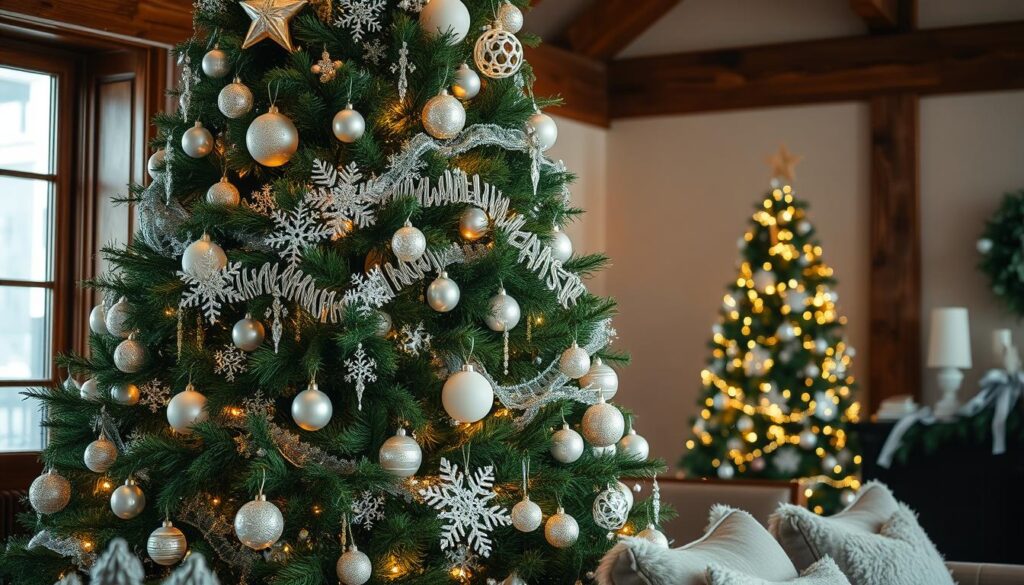 A resplendent, ornately decorated Christmas tree stands tall, its lush green boughs glistening with an array of pristine, snow-white ornaments. Delicate glass spheres, intricate snowflakes, and glistening icicle-like garlands adorn the tree, creating a harmonious, winter wonderland aesthetic. Soft, warm lighting casts a gentle glow, accentuating the tree's elegant silhouette and the sparkling, frost-like details. The scene is framed by a cozy, rustic interior, with wooden accents and plush, neutral-toned furnishings, evoking a sense of tranquility and holiday cheer. The overall mood is one of serene, refined sophistication, perfectly capturing the essence of a green and white Christmas tree styling.