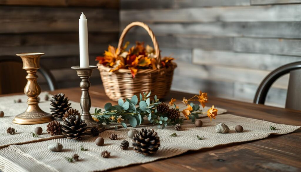 A rustic chic table setting with natural elements and handcrafted details. In the foreground, a wooden table is adorned with a burlap runner, pinecones, and a tarnished brass candlestick. Scattered across the surface are sprigs of eucalyptus, dried flowers, and a few river stones. In the middle ground, a large woven basket overflows with autumn foliage, adding a touch of warmth and texture. Subtle, soft lighting casts a gentle glow, creating an intimate and cozy atmosphere. The background features a wall of reclaimed wood panels, adding depth and a sense of timeless charm to the scene. The overall mood is one of effortless elegance, blending rustic and refined elements for a personal, welcoming tablescape. A rustic chic table setting with natural elements and handcrafted details. In the foreground, a wooden table is adorned with a burlap runner, pinecones, and a tarnished brass candlestick. Scattered across the surface are sprigs of eucalyptus, dried flowers, and a few river stones. In the middle ground, a large woven basket overflows with autumn foliage, adding a touch of warmth and texture. Subtle, soft lighting casts a gentle glow, creating an intimate and cozy atmosphere. The background features a wall of reclaimed wood panels, adding depth and a sense of timeless charm to the scene. The overall mood is one of effortless elegance, blending rustic and refined elements for a personal, welcoming tablescape.