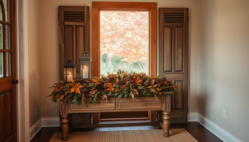 A rustic entryway adorned with the warm hues of autumn. In the foreground, a weathered wooden console table, its surface adorned with a lush garland of dried leaves, pinecones, and berries. Atop it, a vintage lantern casts a soft, flickering glow, illuminating the textural display. On the wall behind, hang a pair of antique wooden shutters, their aged patina accentuating the cozy, inviting atmosphere. The middle ground features a plush, natural fiber area rug, its neutral tones grounding the space. In the background, a wooden door frame leads to the outdoors, framing a glimpse of the vibrant fall foliage beyond, hinting at the seasonal transition. Soft, diffused lighting bathes the scene, creating a warm, welcoming ambiance. A rustic entryway adorned with the warm hues of autumn. In the foreground, a weathered wooden console table, its surface adorned with a lush garland of dried leaves, pinecones, and berries. Atop it, a vintage lantern casts a soft, flickering glow, illuminating the textural display. On the wall behind, hang a pair of antique wooden shutters, their aged patina accentuating the cozy, inviting atmosphere. The middle ground features a plush, natural fiber area rug, its neutral tones grounding the space. In the background, a wooden door frame leads to the outdoors, framing a glimpse of the vibrant fall foliage beyond, hinting at the seasonal transition. Soft, diffused lighting bathes the scene, creating a warm, welcoming ambiance.