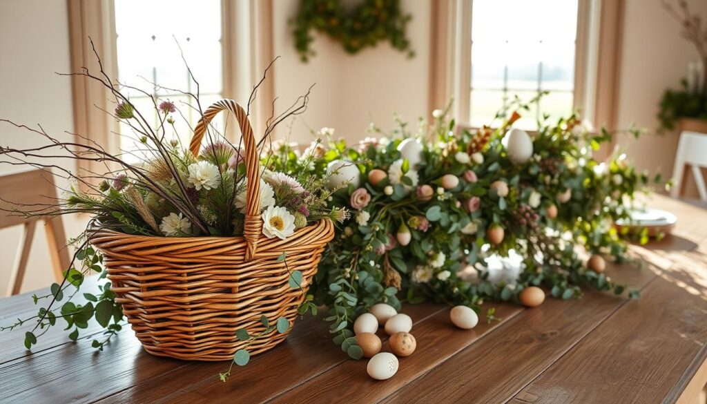 A rustic farmhouse table set for Easter, adorned with a lush, natural centerpiece. In the foreground, a woven basket overflows with fresh-cut flowers, twigs, and greenery, casting a warm, earthy glow. Behind it, a garland of twisting vines and delicate blooms cascades down the center of the table, accented by scattered quail eggs and fragrant eucalyptus sprigs. In the background, sun-dappled windowpanes frame a pastoral landscape, hinting at the bountiful beauty of the season. The scene exudes a sense of effortless, countryside charm, inviting you to linger and savor the simple pleasures of nature.