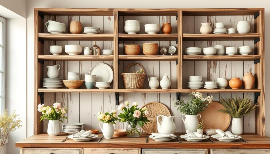A rustic open shelving unit displaying an assortment of spring-inspired tableware. The shelves are made of weathered wood planks, arranged in a harmonious, asymmetrical pattern. In the foreground, a collection of pastel-colored ceramics, linen napkins, and fresh floral arrangements create a visually appealing tableau. The middle ground features natural woven baskets, earthenware pitchers, and a handful of decorative objects that complement the seasonal theme. Soft, diffused lighting filters in from an unseen window, casting a warm, golden glow over the entire scene. The overall atmosphere evokes a sense of casual elegance and a celebration of the spring season. A rustic open shelving unit displaying an assortment of spring-inspired tableware. The shelves are made of weathered wood planks, arranged in a harmonious, asymmetrical pattern. In the foreground, a collection of pastel-colored ceramics, linen napkins, and fresh floral arrangements create a visually appealing tableau. The middle ground features natural woven baskets, earthenware pitchers, and a handful of decorative objects that complement the seasonal theme. Soft, diffused lighting filters in from an unseen window, casting a warm, golden glow over the entire scene. The overall atmosphere evokes a sense of casual elegance and a celebration of the spring season.