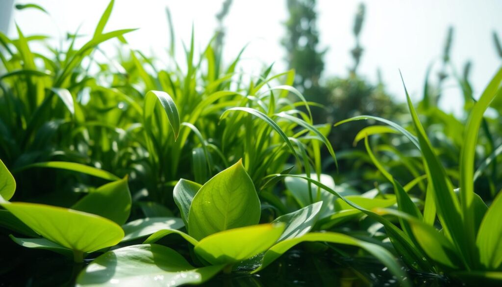 A serene close-up of various water plants, their verdant foliage delicately swaying in a gentle current. The scene is bathed in soft, diffused natural light, creating a tranquil and contemplative atmosphere. In the foreground, the broad, waxy leaves of a ZZ plant float just below the water's surface, their unique shape and texture standing out against the lush backdrop of aquatic flora. In the middle ground, clusters of slender, ribbon-like leaves sway hypnotically, while in the background, the silhouettes of taller, bushy plants create a sense of depth and layering. The overall composition highlights the calming, meditative qualities of these water-based techniques, perfectly suited to the watering needs of the ZZ plant. A serene close-up of various water plants, their verdant foliage delicately swaying in a gentle current. The scene is bathed in soft, diffused natural light, creating a tranquil and contemplative atmosphere. In the foreground, the broad, waxy leaves of a ZZ plant float just below the water's surface, their unique shape and texture standing out against the lush backdrop of aquatic flora. In the middle ground, clusters of slender, ribbon-like leaves sway hypnotically, while in the background, the silhouettes of taller, bushy plants create a sense of depth and layering. The overall composition highlights the calming, meditative qualities of these water-based techniques, perfectly suited to the watering needs of the ZZ plant.