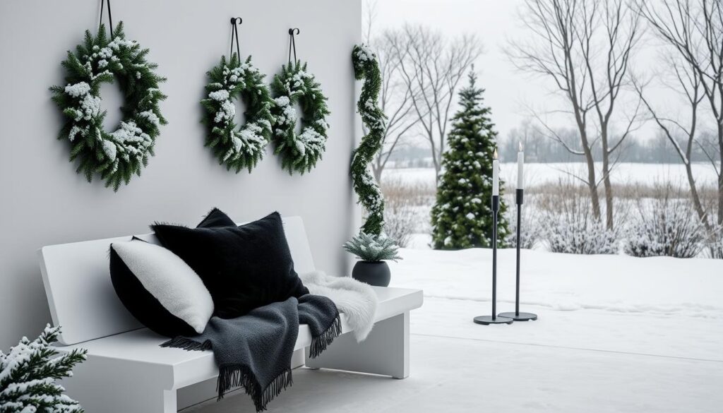 A serene outdoor winter scene, with a minimalist monochrome palette. In the foreground, a sleek modern bench adorned with plush black and white throw pillows and a cozy, furry blanket. Lush, snow-dusted evergreen wreaths and garlands hang on the walls, their verdant hues contrasting elegantly against the stark white backdrop. In the middle ground, a pair of tall, slender black candle holders flicker softly, casting a warm glow. The background features a picturesque view of a snowy landscape, with bare, sculptural trees silhouetted against a gray, overcast sky. The scene exudes a sense of understated sophistication and tranquility.