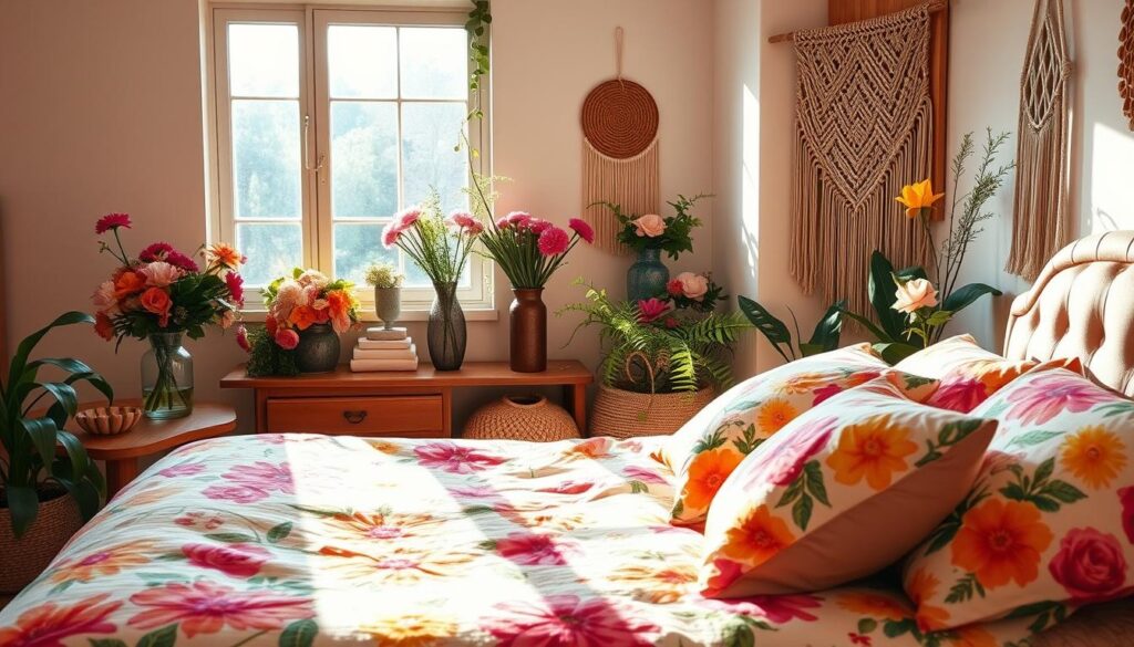 A serene, sunlit boho-inspired bedroom featuring a lush, colorful display of spring florals and greenery. In the foreground, a plush, tufted bed covered in vibrant floral bedding and pillows in hues of pink, orange, and yellow. Mid-ground showcases a wooden nightstand with a glass vase of fresh blooms and a decorative macrame wall hanging. The background depicts a large window flooding the space with warm, natural light, casting a soft, ethereal glow. The overall mood is one of tranquility, comfort, and a celebration of the season's renewal.